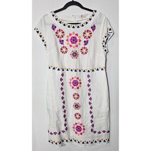 Boden Womens White 100% Linen Embroidered Floral Garden Cottage Shift Dress 8R